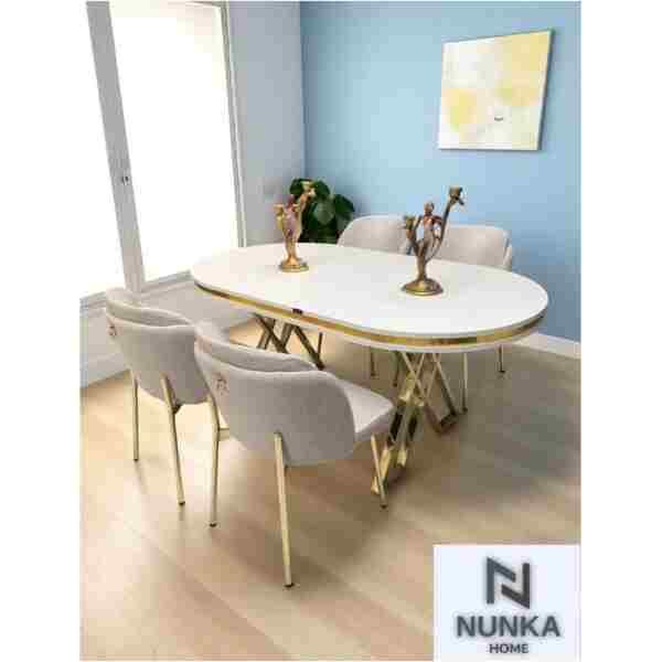 NUNKA HOME Arya Gold Line Serisi Krem +4 Sandalyeli Mdf Lak Panel Beyaz Masa Takımı