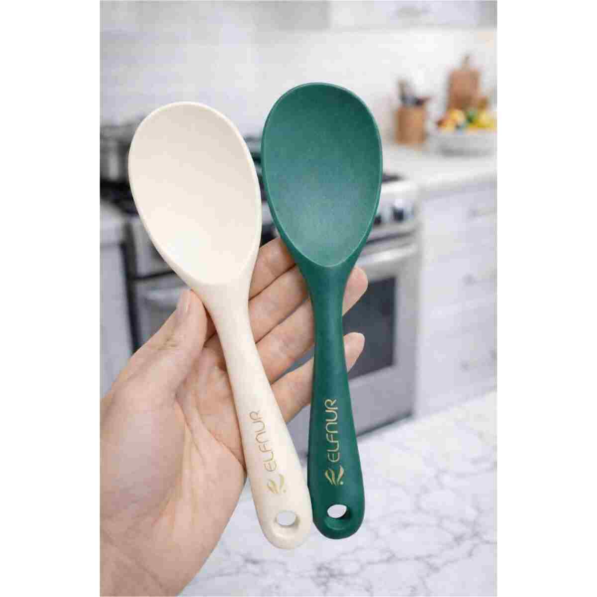 elfnur (2 Adet Ekru Ultra Sert Uçlu Silikon Pilav Kaşığı Yüksek Isıya Dayanıklı Yanmaz Yapışmaz 22 Cm - Görsel 2