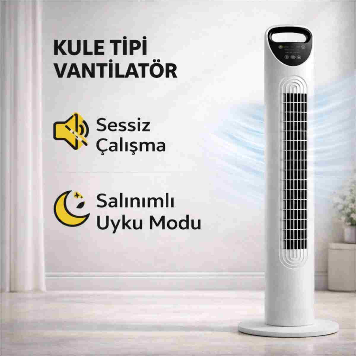 SMAYLİNG Sessiz Kule Vantilatör 80cm Uzaktan Kumandalı, 3 Hızlı, Salınımlı, Taşınabilir Fan - Görsel 2