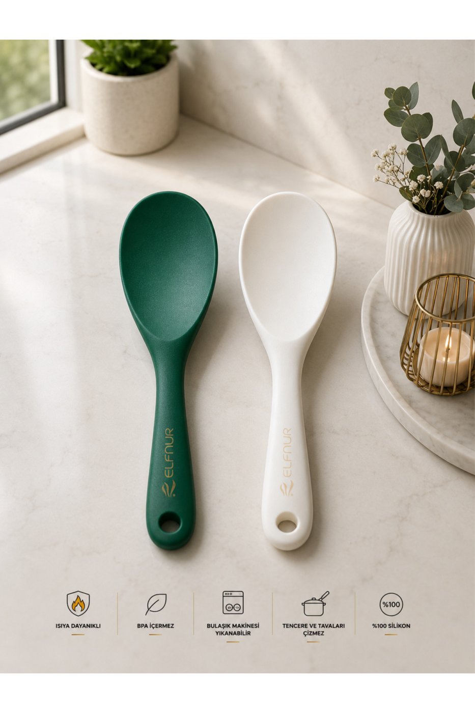 8f0c4e18a168367d00ba53125fa33fb3 elfnur (2 Adet Ekru Ultra Sert Uçlu Silikon Pilav Kaşığı Yüksek Isıya Dayanıklı Yanmaz Yapışmaz 22 Cm - Görsel 1