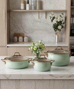 Bonera Emaye Vintage Güveç 6 Parça Tencere Seti 16-20-22 cm - Gri - Granit İç Kaplama