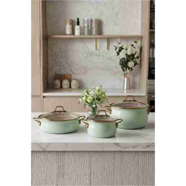 Bonera Emaye Vintage Güveç 6 Parça Tencere Seti 16-20-22 cm - Gri - Granit İç Kaplama