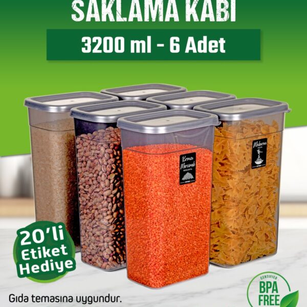 OFFBOX 6 Adet 12 Parça 3,2 Litre Mega Boy Dikdörtgen Erzak Bakliyat Saklama Kabı Seti 20 Etiket Hediyeli