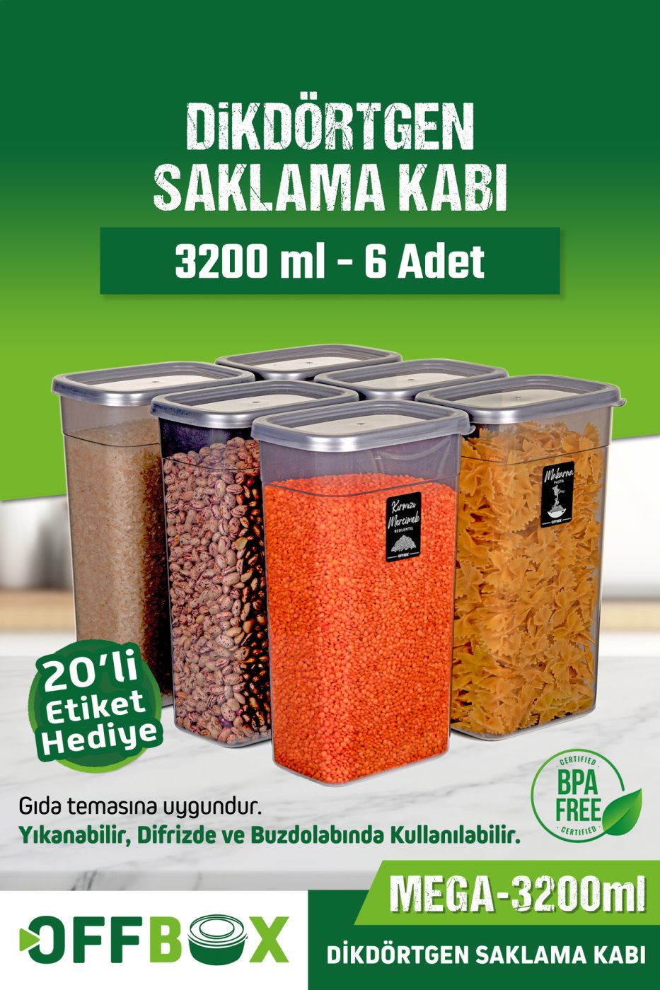 8f5b53385d5869692365c800e8079ace OFFBOX 6 Adet 12 Parça 3,2 Litre Mega Boy Dikdörtgen Erzak Bakliyat Saklama Kabı Seti 20 Etiket Hediyeli - Görsel 1