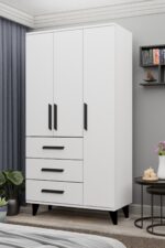 Metalia GM 303-A ECE 3 KAPI 3 ÇEKMECELİ AYAKLI SİYAH KULPLU GARDIROP - Görsel 2