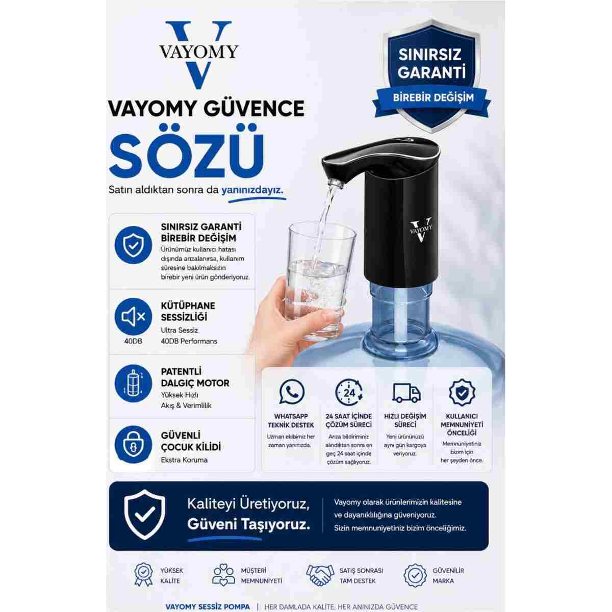 Vayomy SilentPro Sessiz Şarjlı Otomatik Damacana Su Pompası Dalgıç Motor Hızlı Dolum Çocuk Kilidi Bpa Free - Görsel 9