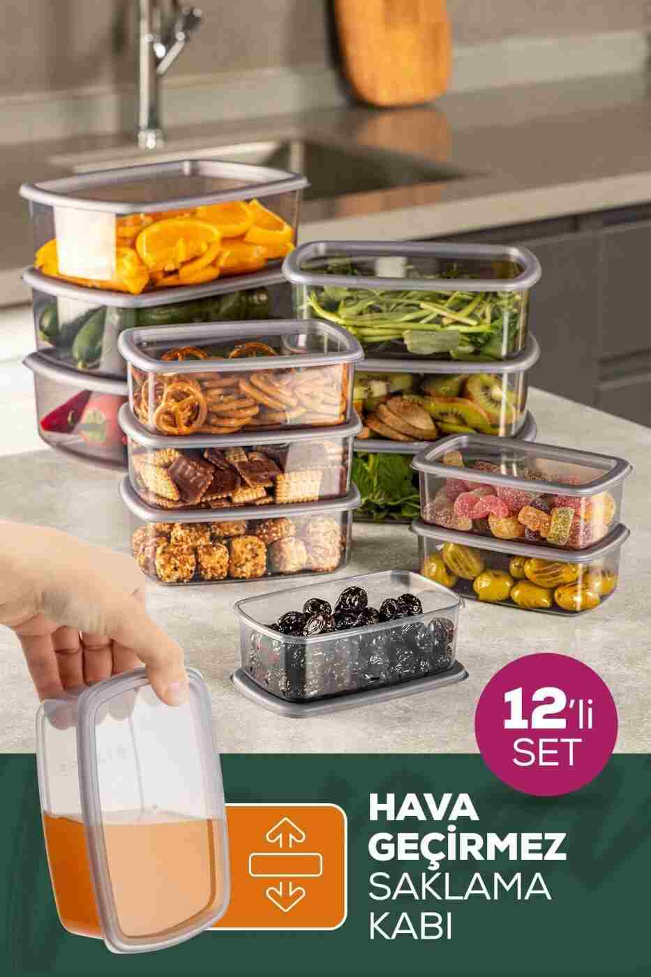 9083cfa765188401ee069e8385b0813c Vienev 12'li Hava Geçirmez Saklama Kabı Seti Antrasit 3x(250-500-750-1200 ML) - Görsel 1