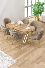 Canisa Zae Serisi 90x168 Lak Panel Hazar Gold Ayak Masa Takımı 6 Krem Sandalye - Görsel 5