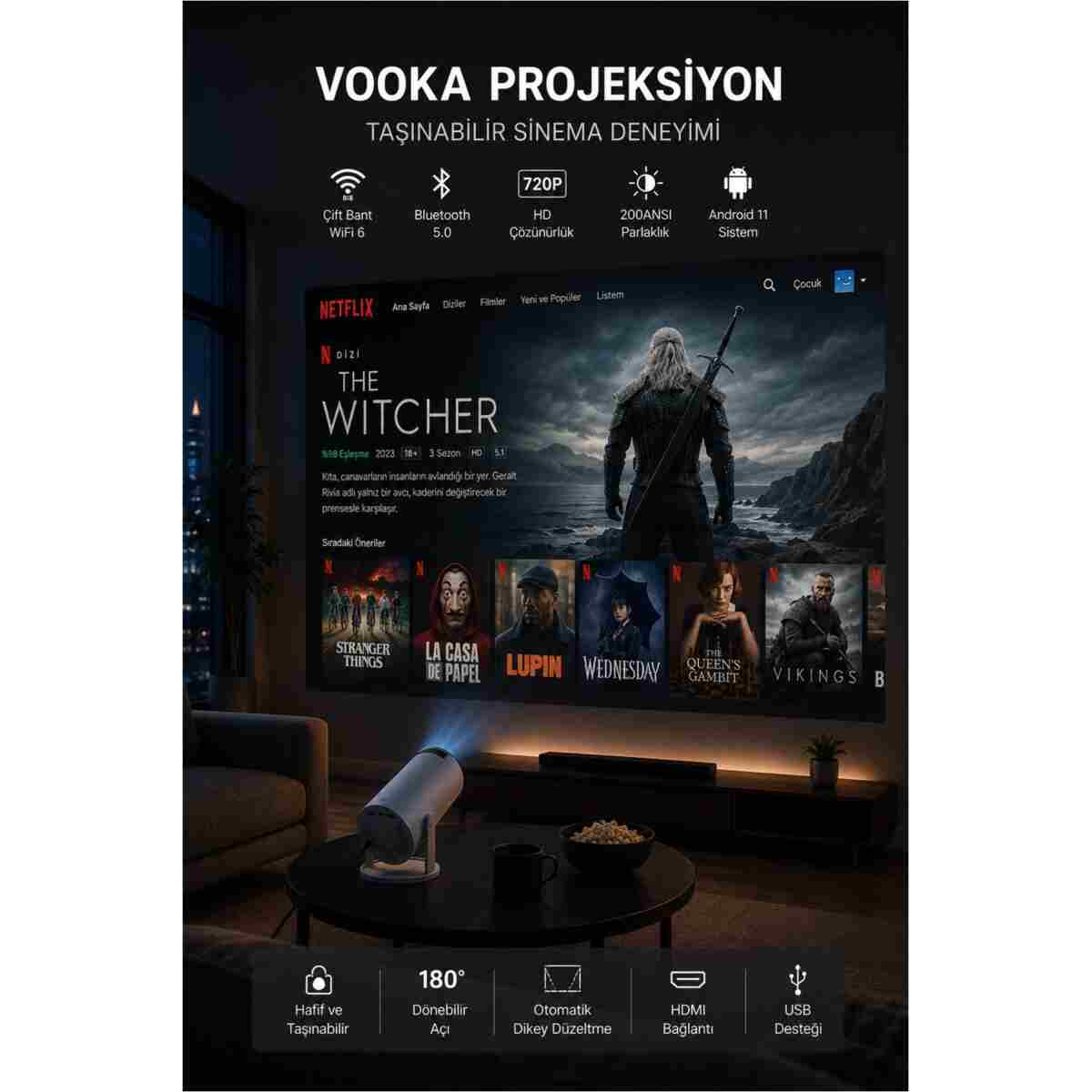 VOOKA Taşınabilir Mini Projeksiyon Cihazı Android 11 Wifi Bluetooth Akıllı Ev Sineması Projektör - Görsel 11