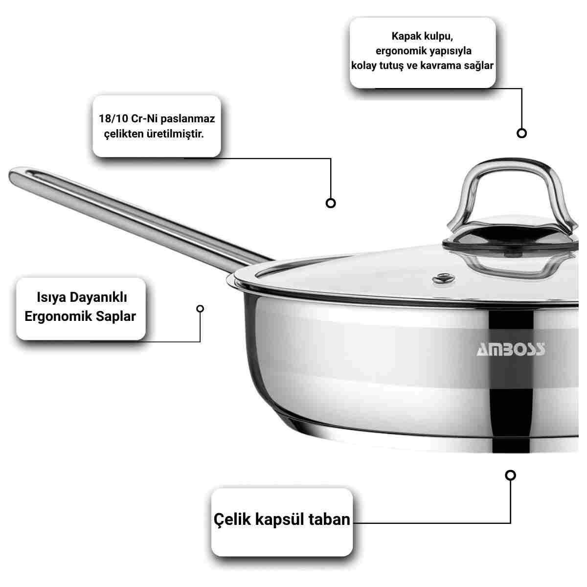 Amboss Saphire Paslanmaz Çelik 26 cm Cam Kapaklı Çelik Tava - Görsel 3