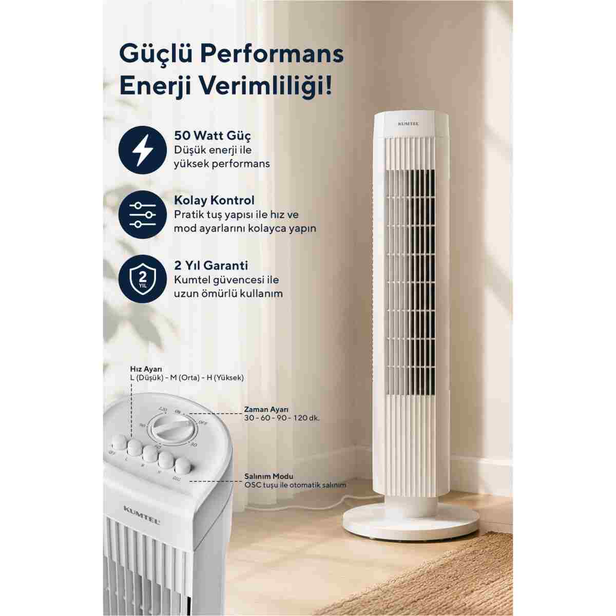 KUMTEL KTF-258W Kule Tipi Beyaz Vantilatör – 50W, Zaman Ayarlı, 3 Hız Kademeli, Sessiz Çalışma - Görsel 6