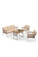 Evdemo Lara Metal Puflu Bahçe Balkon Takımı 3+1+1+Ahşap Masa Cappuccino - Görsel 2