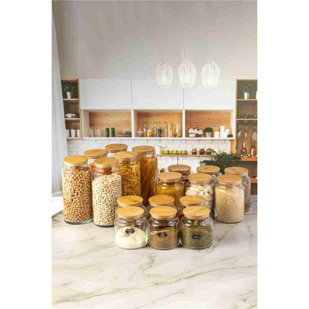 Karçiçeği Home Vakumlu, Bambu Kapaklı 18 Parça Cam Kavanoz Ve Çeyiz Seti 1300-800-500 ml - Görsel 7