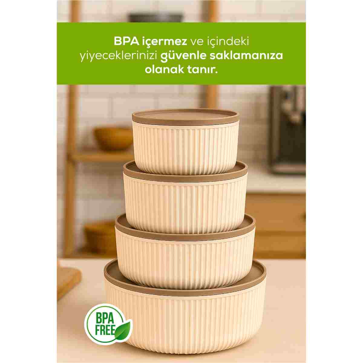 Vienev 4'lü Yuvarlak Saklama Kabı Seti Çizgili Bej | 2.5l 1.5l 0.80l 0.45l | Mikrodalga Ve Dondurucu Uyumlu - Görsel 7