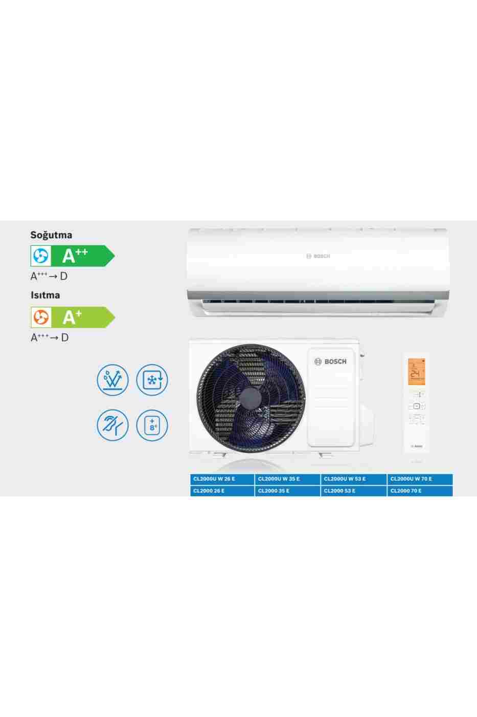 9334781268bafe7d752cd48e02b099c9 Bosch Climate CL2001U W 70 E 24000 BTU İnverter Split Klima R32 A++ (Montaj Dahil) 2025 Yeni - Beyaz - Görsel 1
