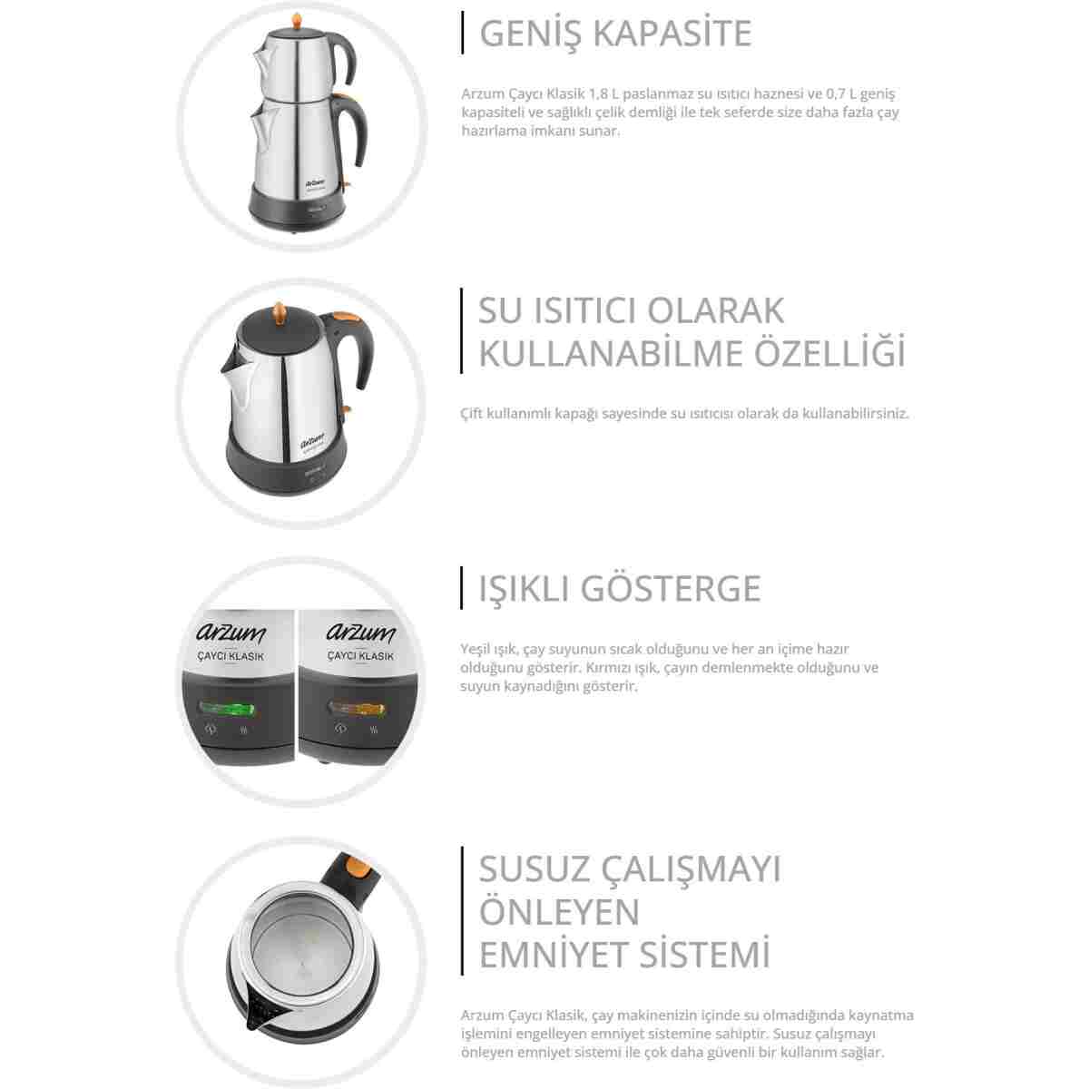 Arzum Ar3004-ınx Çaycı Klasik Paslanmaz Çelik Çay Makinesi - Inox - Görsel 3