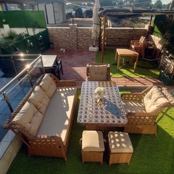 Evdemo Eren Rattan Puflu Bahçe Balkon Takımı 3+1+1 Kahve