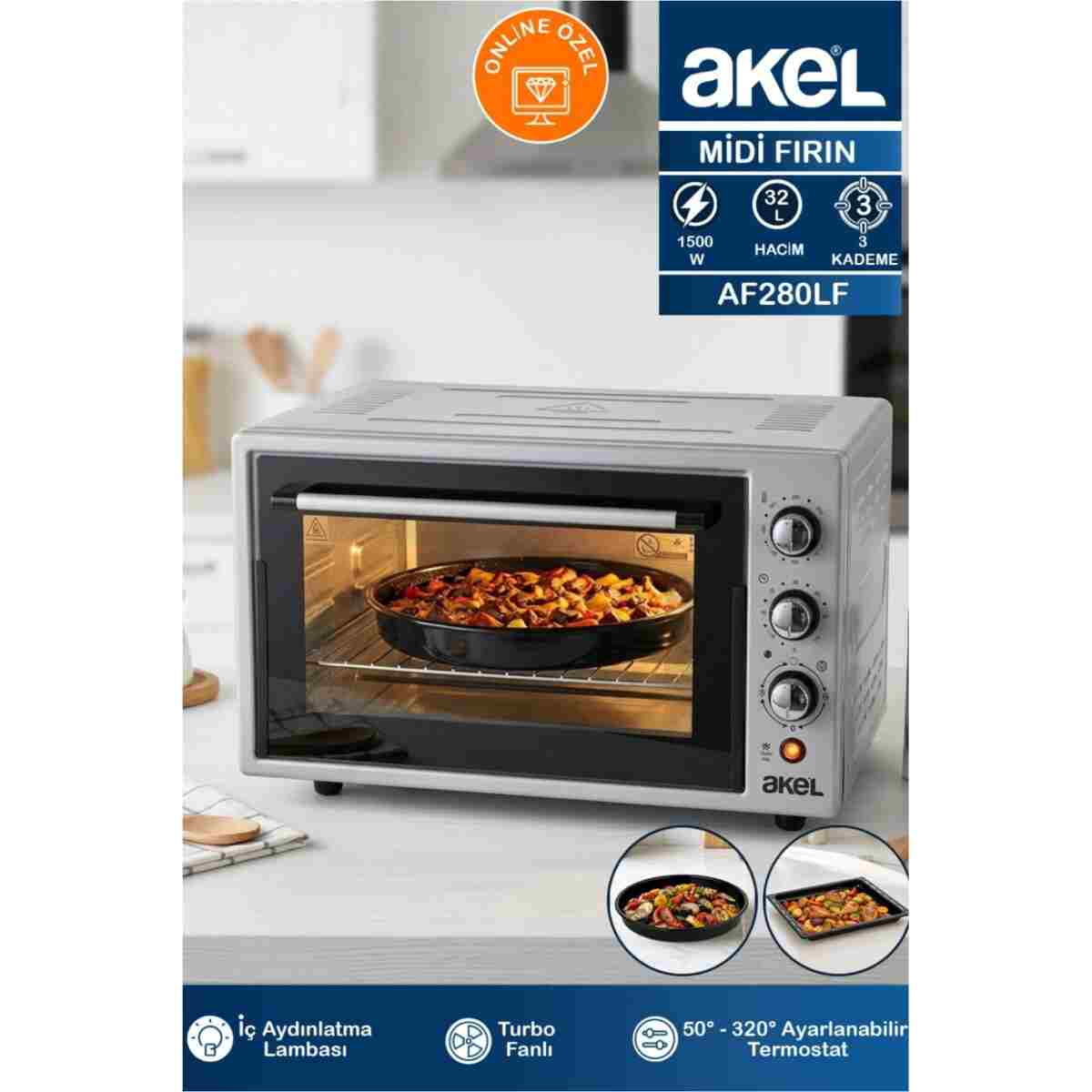 Akel Lambalı, Turbo Fanlı, Termostatlı, Saatli, Çift Tepsili 32 Litre Midi Fırın AF280LF - Görsel 8