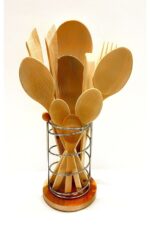 Kitchen Mania 11 Parça Yağlı Kayın Ahşap Kaşık Tahta Spatula Servis Kepçe Ağaç Çatal Maşa Seti-metal Standlı