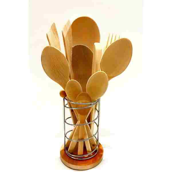 Kitchen Mania 11 Parça Yağlı Kayın Ahşap Kaşık Tahta Spatula Servis Kepçe Ağaç Çatal Maşa Seti-metal Standlı