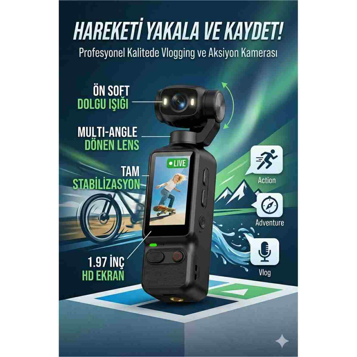 beemen El Tipi Akıllı Aksiyon Kamerası - 1800mAh Batarya, Soft Dolgu Işıklı, Type-C Dijital Vlog Kamerası - Görsel 2