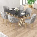 Canisa Zae Serisi 90x168 Lak Panel Siyah Mermer Desen Gold Ayak Masa Takımı 6 Gri Sandalye