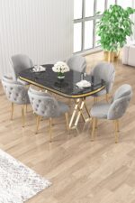 Canisa Zae Serisi 90x168 Lak Panel Siyah Mermer Desen Gold Ayak Masa Takımı 6 Gri Sandalye