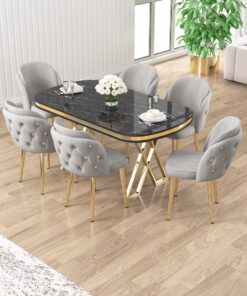 Canisa Zae Serisi 90x168 Lak Panel Siyah Mermer Desen Gold Ayak Masa Takımı 6 Gri Sandalye