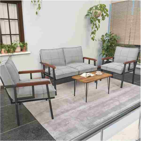 Mygusi " Modern'' Serisi Balkon, Bahçe, Cafe - Metal Kanepe Koltuk Takımı - 2 1 1 Sehpa Hediyeli - Açık Gri