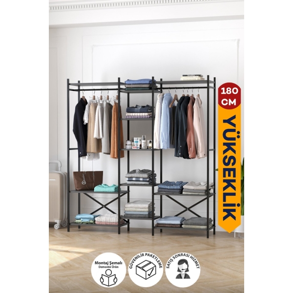 Bofigo 10 Raflı Metal Gardırop Metal Portmanto Açık Gardırop Elbise Dolabı Vestiyer Openix Antrasit
