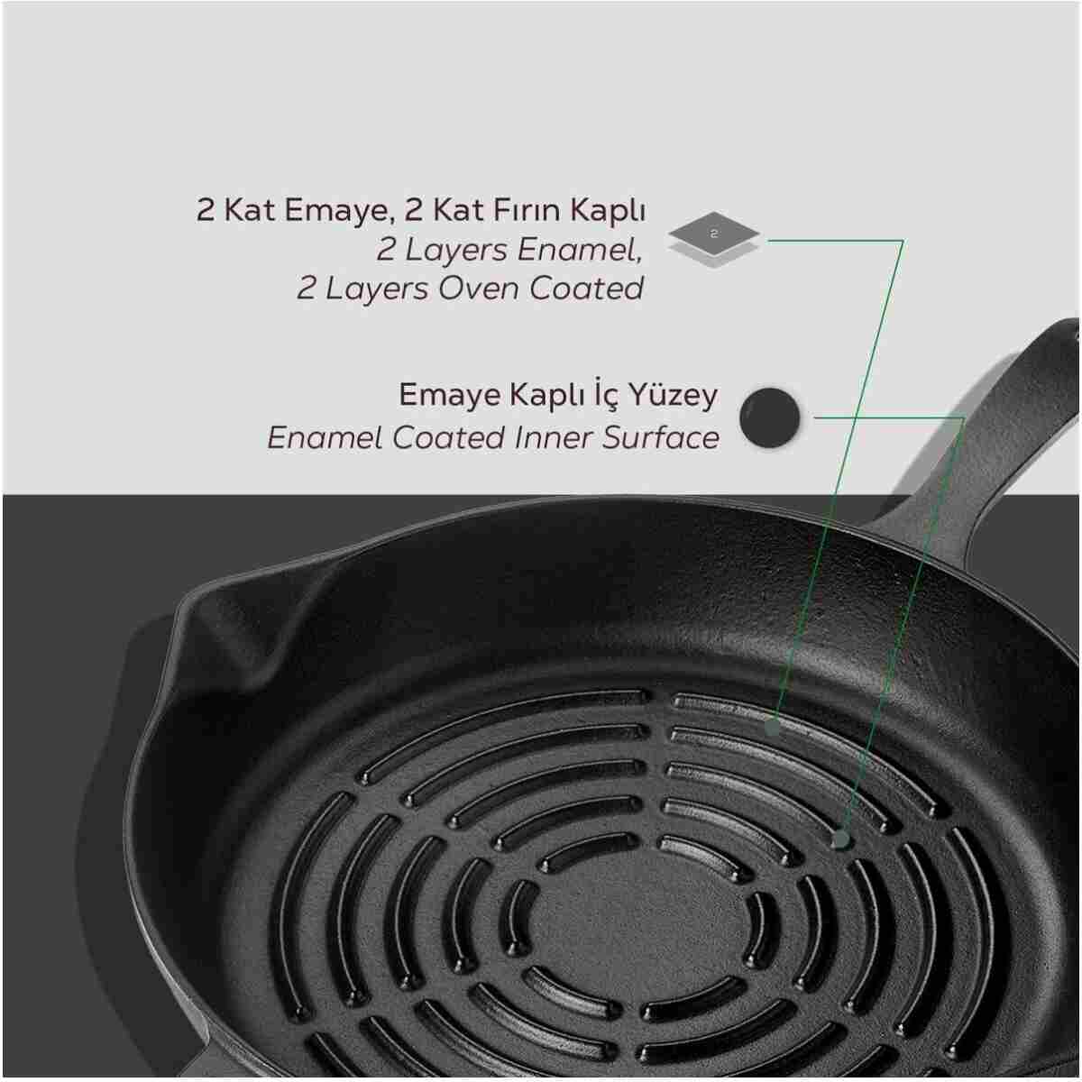 Lava Döküm Yuvarlak Izgara Tava Döküm Demir Yekpare Saplı Radyal Dokulu İç Yüzey Çap(Ø)28cm. - Görsel 6