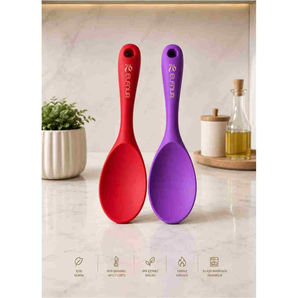elfnur (2 Adet Ekru Ultra Sert Uçlu Silikon Pilav Kaşığı Yüksek Isıya Dayanıklı Yanmaz Yapışmaz 22 Cm - Görsel 5