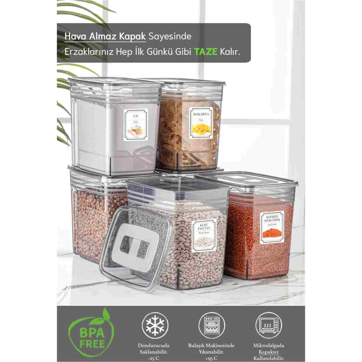 Meleni Home 6'lı Lena Jumbo Set- Un Ve Bakliyat Şeker Erzak Saklama Kabı - Dolap Kiler Düzenleyici Kutu 6x5,5 Lt - Görsel 4