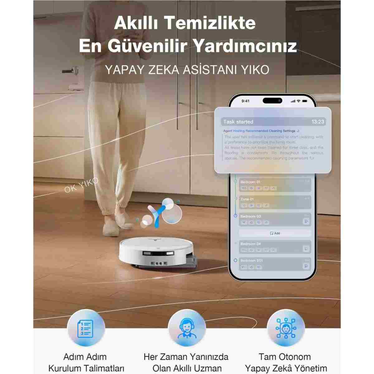 Ecovacs DEEBOT T90 PRO Omni Ses Kontrollü Robot Süpürge ve Paspas, 30.000 Pa Emiş Gücü - Görsel 13