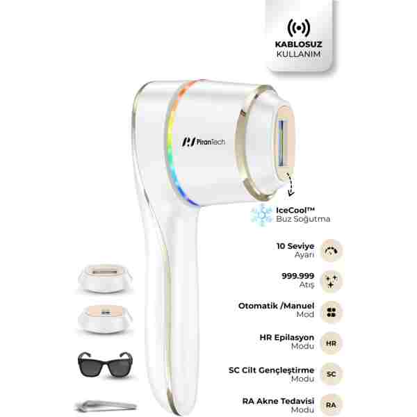 PiranTech BHRL-15 IPL Lazer Epilasyon Cihazı Buz Soğutmalı, 10 Seviye, Kablosuz & Kablolu