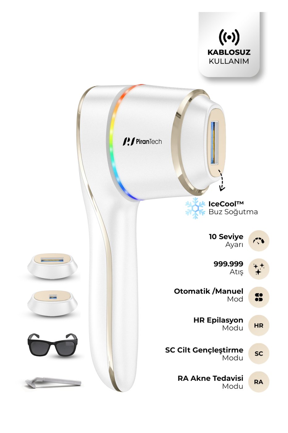 PiranTech BHRL-15 IPL Lazer Epilasyon Cihazı Buz Soğutmalı, 10 Seviye, Kablosuz & Kablolu