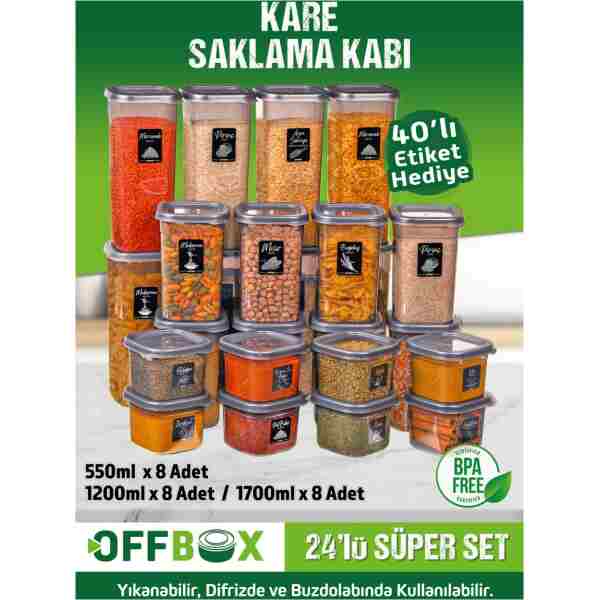 OFFBOX 24 Adet 48 Parça 0,55-1,2-1,7 Litre Kare Erzak Bakliyat Baharat Saklama Kabı Seti 40 Etiket Hediyeli