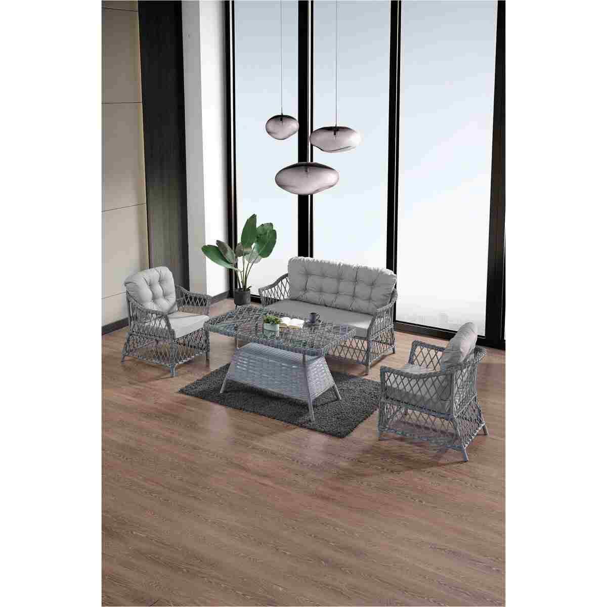 Evdemo Icon Rattan Bahçe Balkon Oturma Takımı 2+1+1+Camlı Masa Cappuccino - Görsel 9