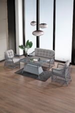Evdemo Icon Rattan Bahçe Balkon Oturma Takımı 2+1+1+Camlı Masa Cappuccino - Görsel 9