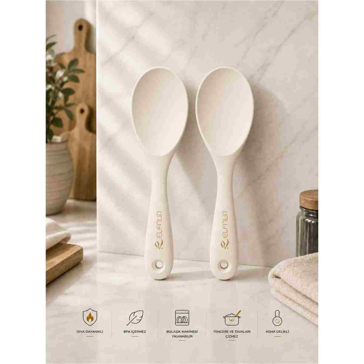 elfnur (2 Adet Ekru Ultra Sert Uçlu Silikon Pilav Kaşığı Yüksek Isıya Dayanıklı Yanmaz Yapışmaz 22 Cm - Görsel 7