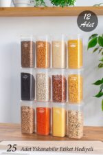 Porsima Org-432 Etiketli Kare 12li Bakliyat Erzak Saklama Kabı Seti Şeffaf 1700 ml