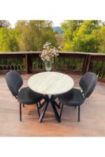 BAMBEDS MOBİLYA Bambeds Mobilya 70x70 Trevertan Yuvarlak Balkon Masa Ahtapot Ayak Armut Keten Sandalye 2 Adet - Görsel 13