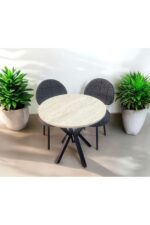 BAMBEDS MOBİLYA Bambeds Mobilya 70x70 Trevertan Yuvarlak Balkon Masa Ahtapot Ayak Armut Keten Sandalye 2 Adet - Görsel 2