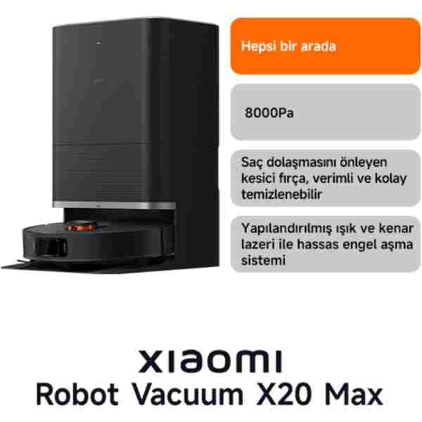 Robot Vacuum X20 Max Akıllı Robot Süpürge ve Mop - 8000Pa Siyah(Xiaomi Türkiye Garantili)