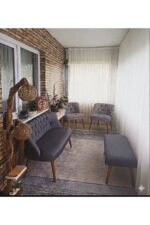 ElizzanMobilya Çay Seti Balkon Takımı Antrasit Kaz Ayağı 2 1 1 Puf Hediyeli