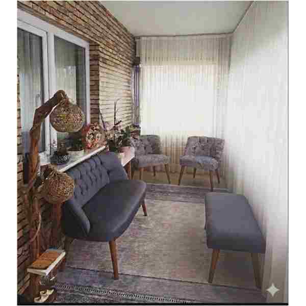 ElizzanMobilya Çay Seti Balkon Takımı Antrasit Kaz Ayağı 2 1 1 Puf Hediyeli