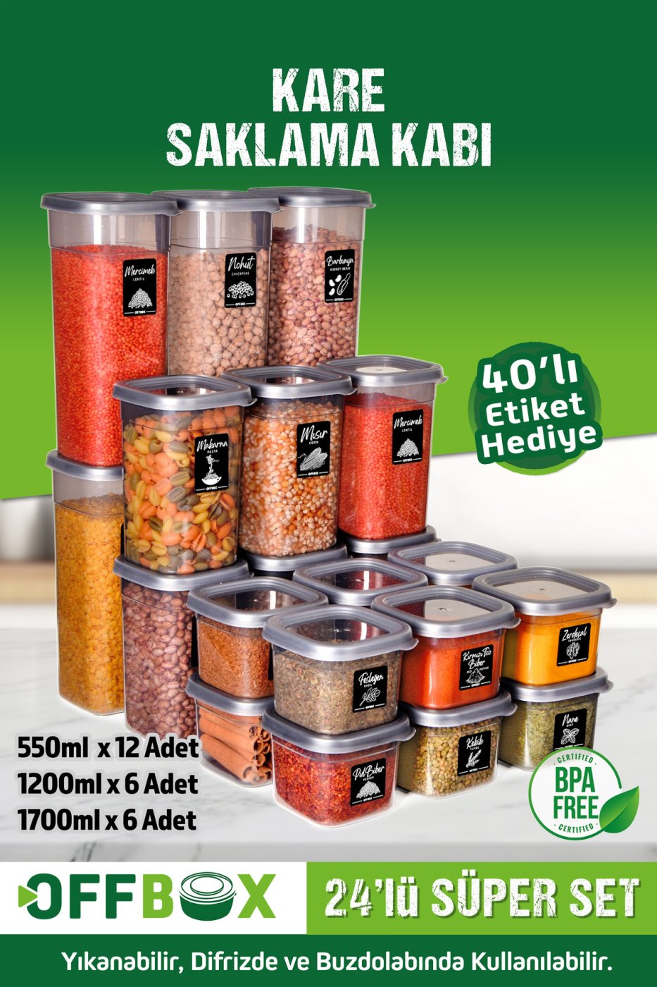 972420e4fe46b5a45aed6065400a854f OFFBOX 24 Adet 48 Parça 0,55-1,2-1,7 Litre Kare Erzak Bakliyat Saklama Kabı Seti 40 Etiket Hediyeli - Görsel 1