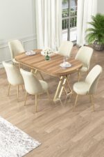 Canisa Lai Serisi 90x168 Lak Panel Hazar Gold Ayak Masa Takımı 6 Cappucino Sandalye - Görsel 5