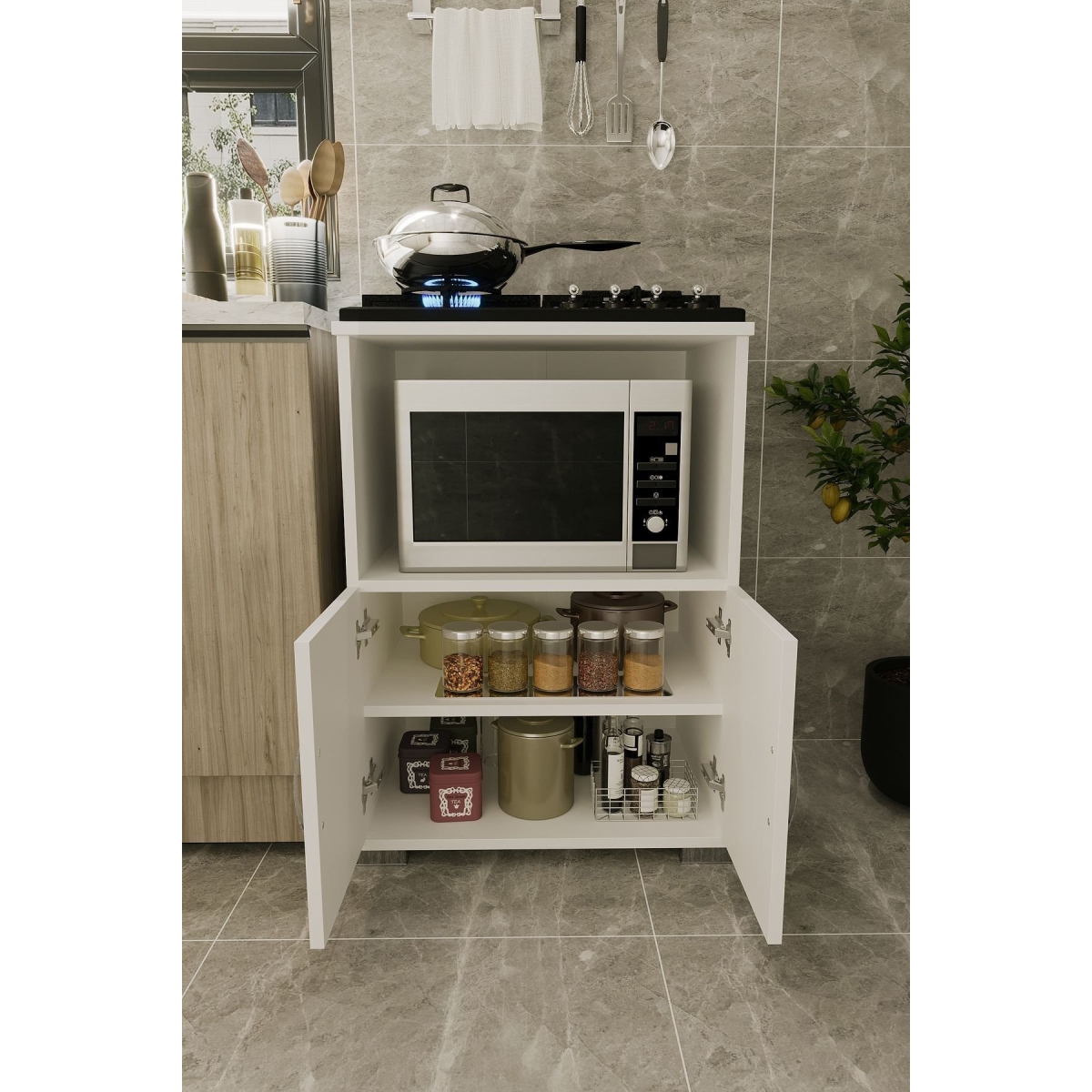 Remaks Çok Amaçlı Set Altı Dolap Mutfak Mikrodalga Fırın Dolabı - Beyaz - Görsel 10