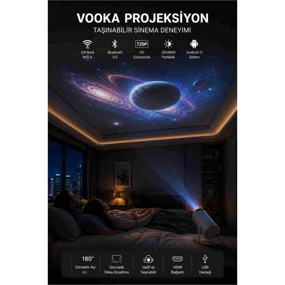 VOOKA Taşınabilir Mini Projeksiyon Cihazı Android 11 Wifi Bluetooth Akıllı Ev Sineması Projektör - Görsel 13